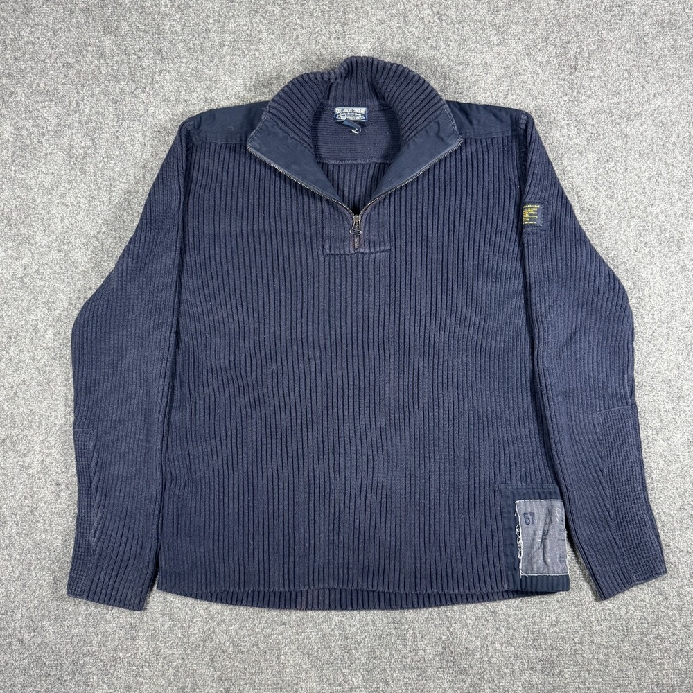 VTG Ralph Lauren Polo Jeans Co Sweater Mens XL Knit Military Patch Slim Fit Navy
